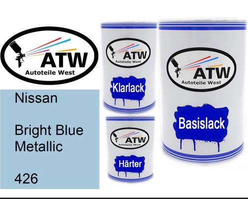 Nissan, Bright Blue Metallic, 426: 500ml Lackdose + 500ml Klarlack + 250ml Härter - Set, von ATW Autoteile West.